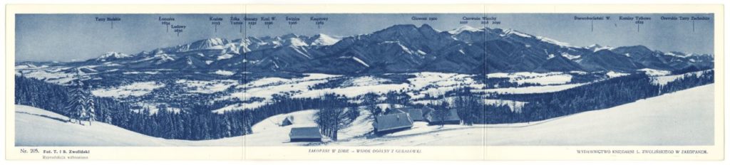 Old postcard with a monochromatic blue-tinted panoramic view of the Tatra mountains. The highest peaks are described by their names and height. Some wooden cottages can be seen below the mountains. At the bottom, there is a text: 'Zakopane in winter – a general view from the Gubałówka mountain'.