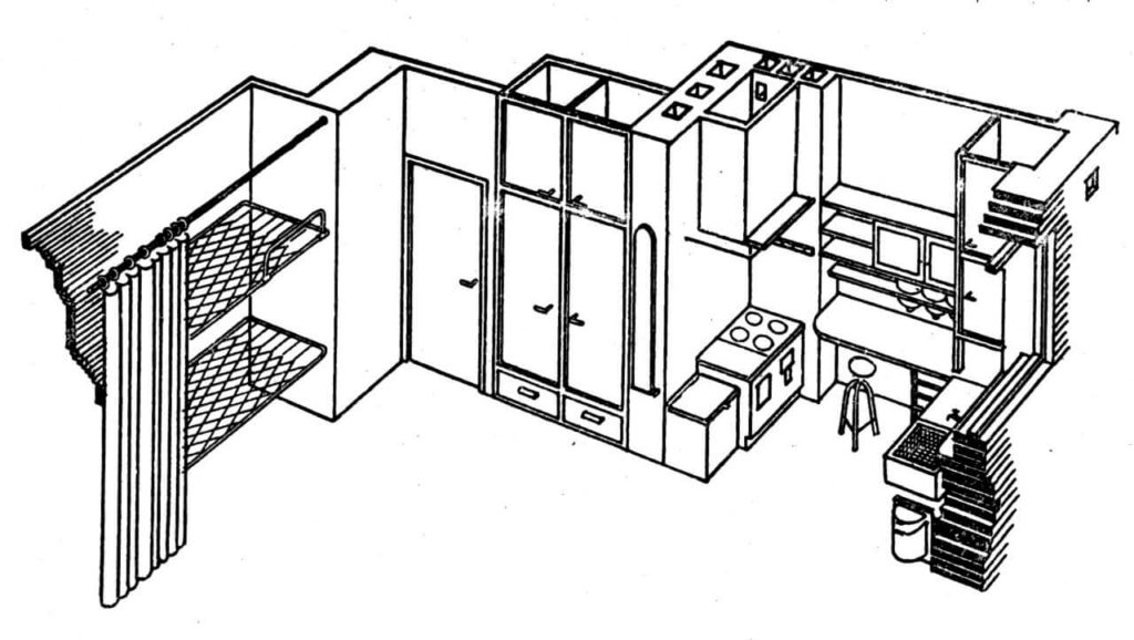 An isometric view of a kitchen design in black-and-white illustration. On the right side, there is a sink and a garbage can. Next to it is a kitchen table, as well as a tiny stool and an oven. The main section of the room is packed with various-sized cupboards, while the left half of the space is designated for storage and may be covered behind the curtain.