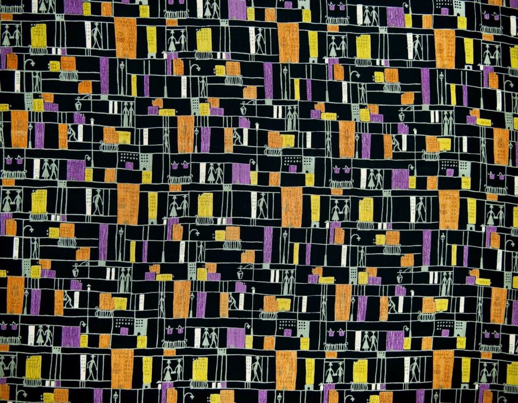 A textile pattern showing a sequence of repeating elements. It consists of rectangles in orange, yellow and purple on a black background. The squares imitate streets and blocks, and between them there are light green painted figures: a couple holding hands, a gentleman walking with a cane, etc.