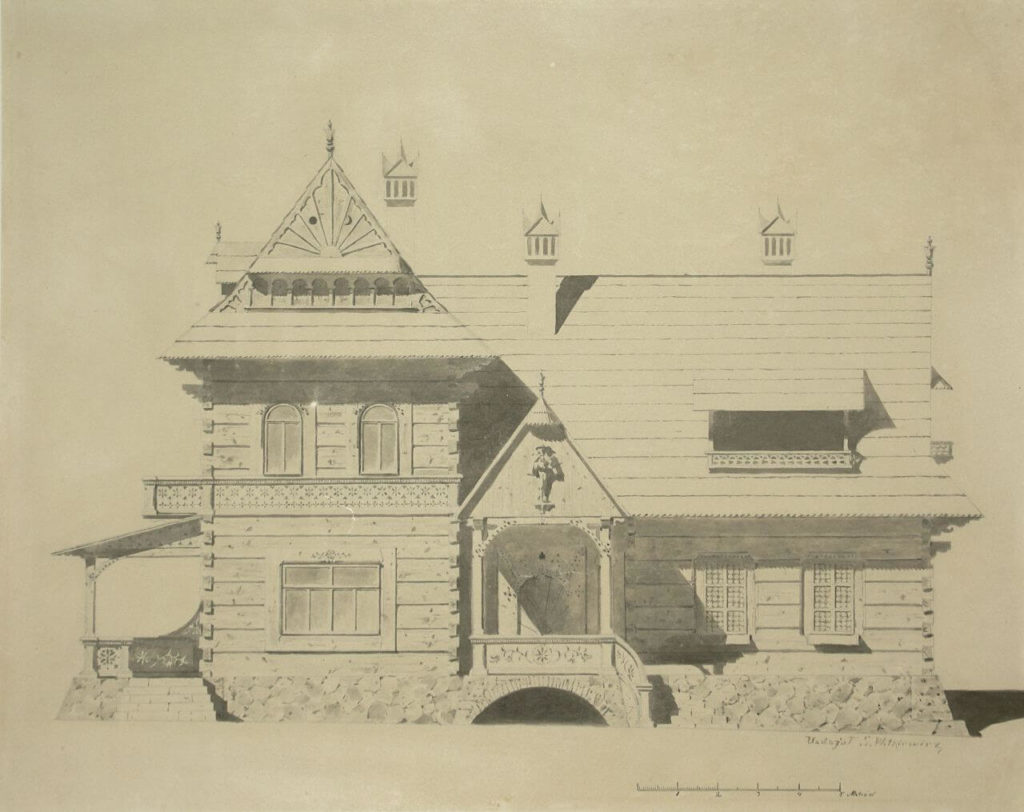 "A black and white drawing of the front side of a two-story wooden villa with a gable roof. The building is richly decorated with regional ornaments. Above the entrance, there is a hanging statue of a man in regional clothing. On the left, there is a terrace and a balcony above it. In the right bottom corner, the hand signature 'S. Witkiewicz' can be seen."