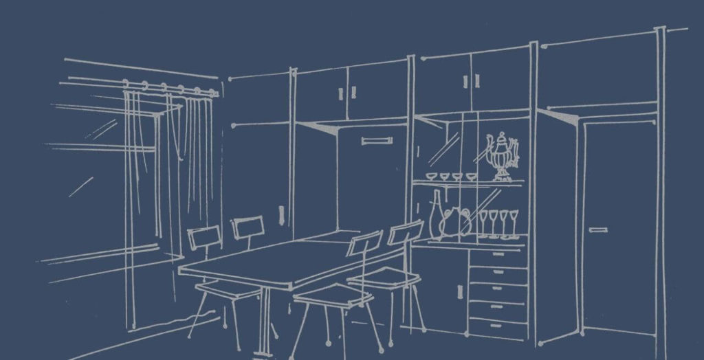 A room with MK sectional furniture is depicted in a white sketch on a blue background. In the centre is a dining table fashioned from one of the fold-out and retractable shelves. It is surrounded by four chairs.