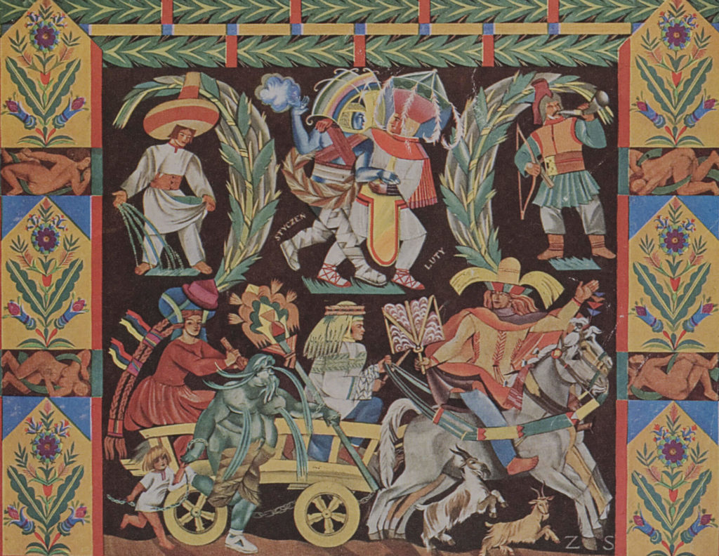 "An allegorical picture of the first two months of the year is depicted on a decorative panel. Despite being displayed against a dark background, it is extremely colorful. Many distinct legendary and real characters, representing various states of Polish society, are depicted in the center, going about their daily lives. They are surrounded by ornaments with flower motifs. "