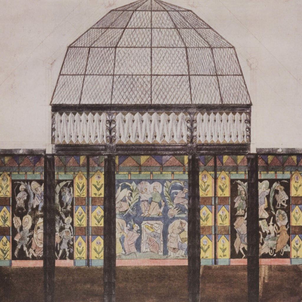 "A part of an ancient colorful illustration of a building's cross-section. There are four black columns and a massive wall with Zofia Stryjeska's ornamental panels. There's a huge dome on top of that."