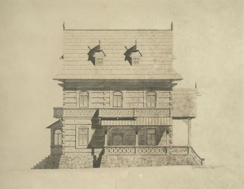 A black and white drawing depicting a side elevation of a two-story wooden villa with a gable roof. Two roof windows are visible. The terrace is at the front, the balcony above it. The lower floor has one door between two windows; the upper floor has three windows. There is also a veranda on the left side of the building.