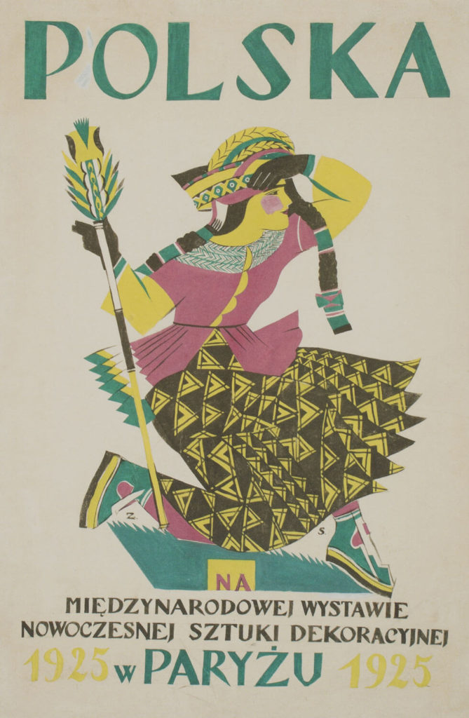 "A graphical poster depicting a young girl staring in the right direction of the spectator. She wears a purple tunic and has long black braids. Her headpiece is embellished with traditional folk themes. In her right hand, she is wielding a rod that resembles an Eastern Palm. She is dressed in a black skirt with yellow motifs and green shoes. 'Poland in the International Exhibition of Modern Decorative Art in Paris 1925,' says the writing in Polish. "