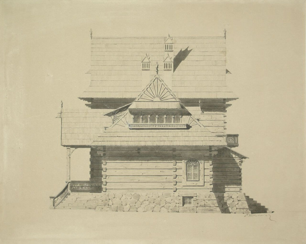 A black and white drawing depicting a side elevation of a two-story wooden villa with a gable roof. The lower floor has one window; the upper one has a row of four tiny windows. There are three chimneys on the roof. On the left side, a part of the main entrance can be seen. At the bottom, a little window to the basement is visible. In the right bottom corner of the drawing, there is a hand signature 'S. Witkiewicz'.