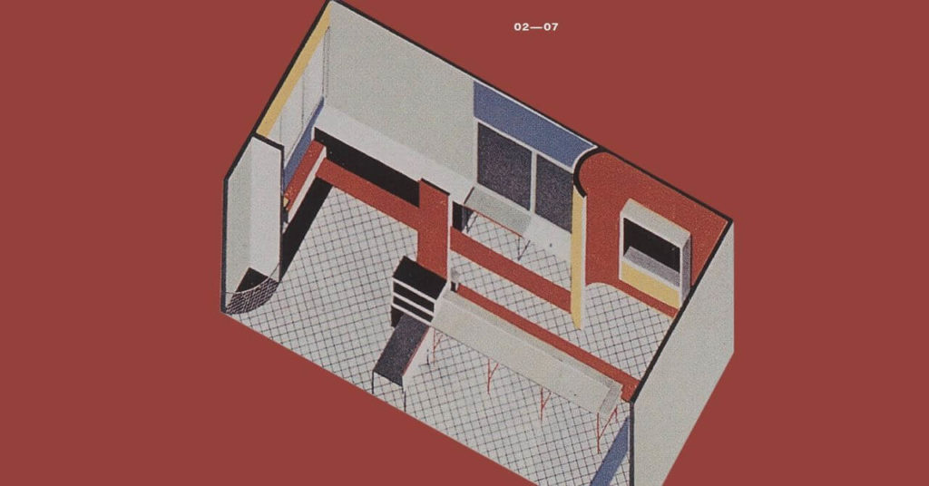 A drawing of a design of an exhibition pavilion is shown in an isometric view. The room is minimalistic with only a few colours: red, white, black, blue and blue. One window can be seen.